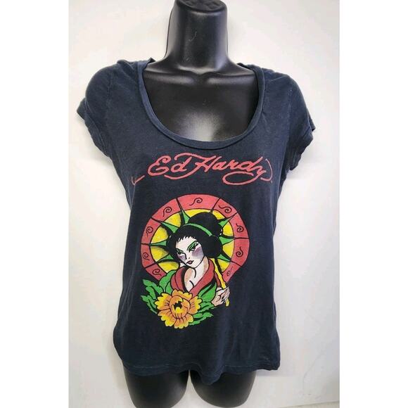 vintage Y2K Official ed hardy womens graphic t shirt size small Black - Picture 1 of 14